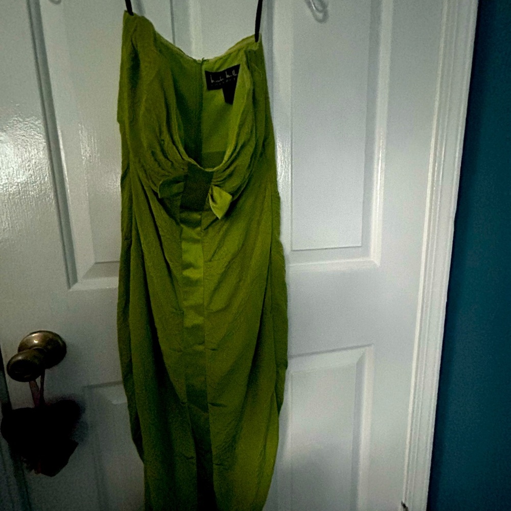 Nicole Miller Boutique, 100% silk chartreuse cocktail dress.